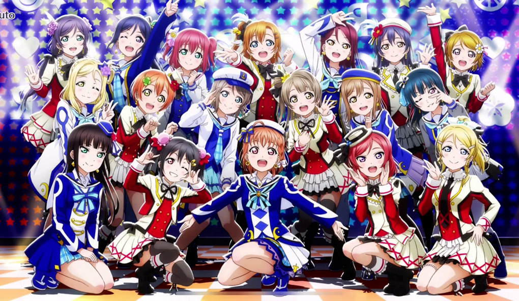 μ’s (pronounced as muse) and Aqours (pronounced as aqua) members posing together. Screenshot from a story scene in LoveLive! School Idol Festival ALL STARS ©SUNRISE ©bushiroad