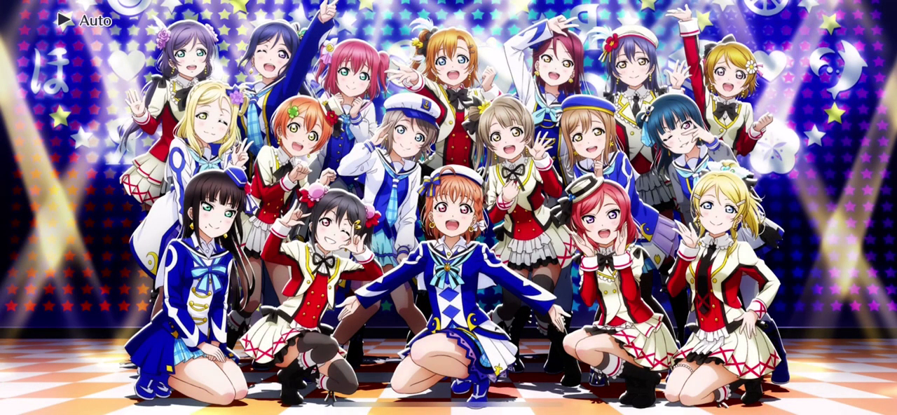 μ’s (pronounced as muse) and Aqours (pronounced as aqua) members posing together. Screenshot from a story scene in LoveLive! School Idol Festival ALL STARS ©SUNRISE ©bushiroad